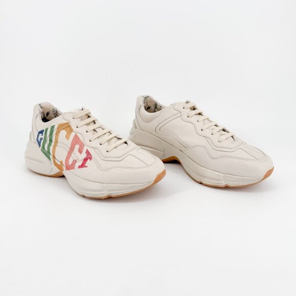 Gucci Rhyton Rainbow Glitter Sneaker Size 38.5 US 8.5 Beige Leather Low Top Logo - Picture 1 of 15
